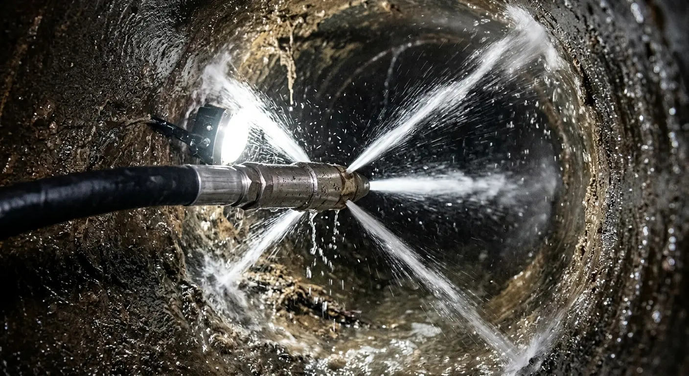 High-pressure hydro jetting nozzle cleaning sewer pipe for Sewer Cleanout in Bellaire