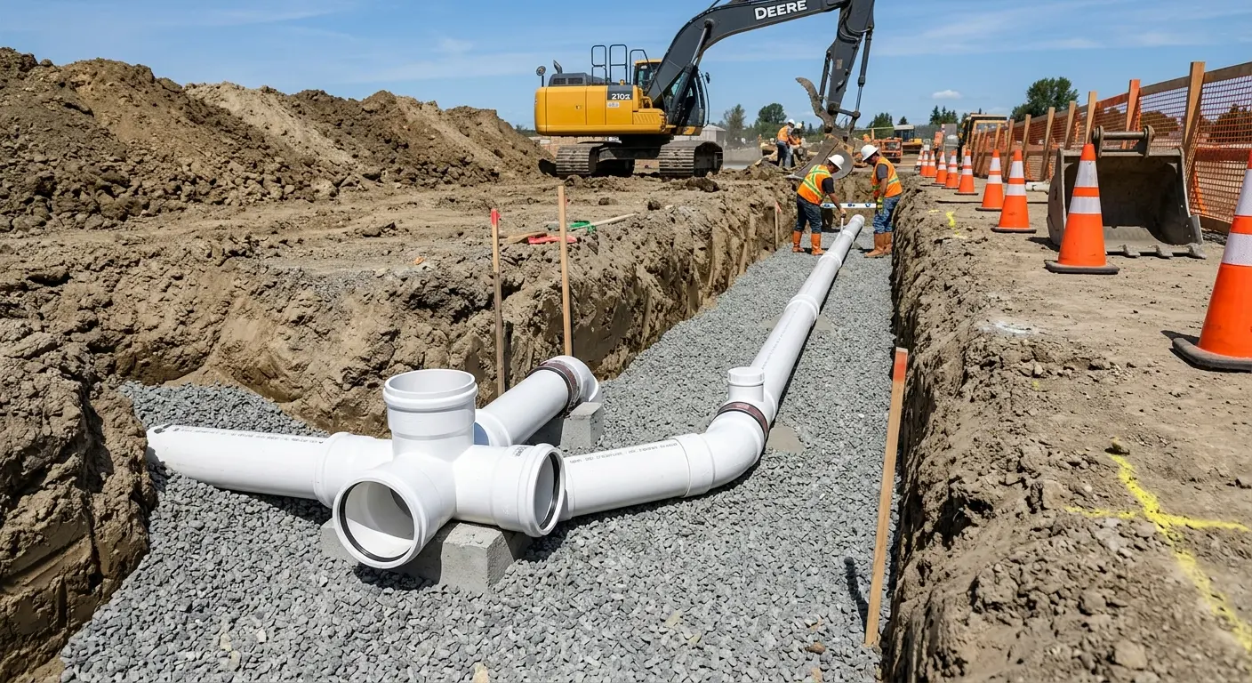 New PVC sewer pipe installation in open trench for Sewer Backup in Bellaire