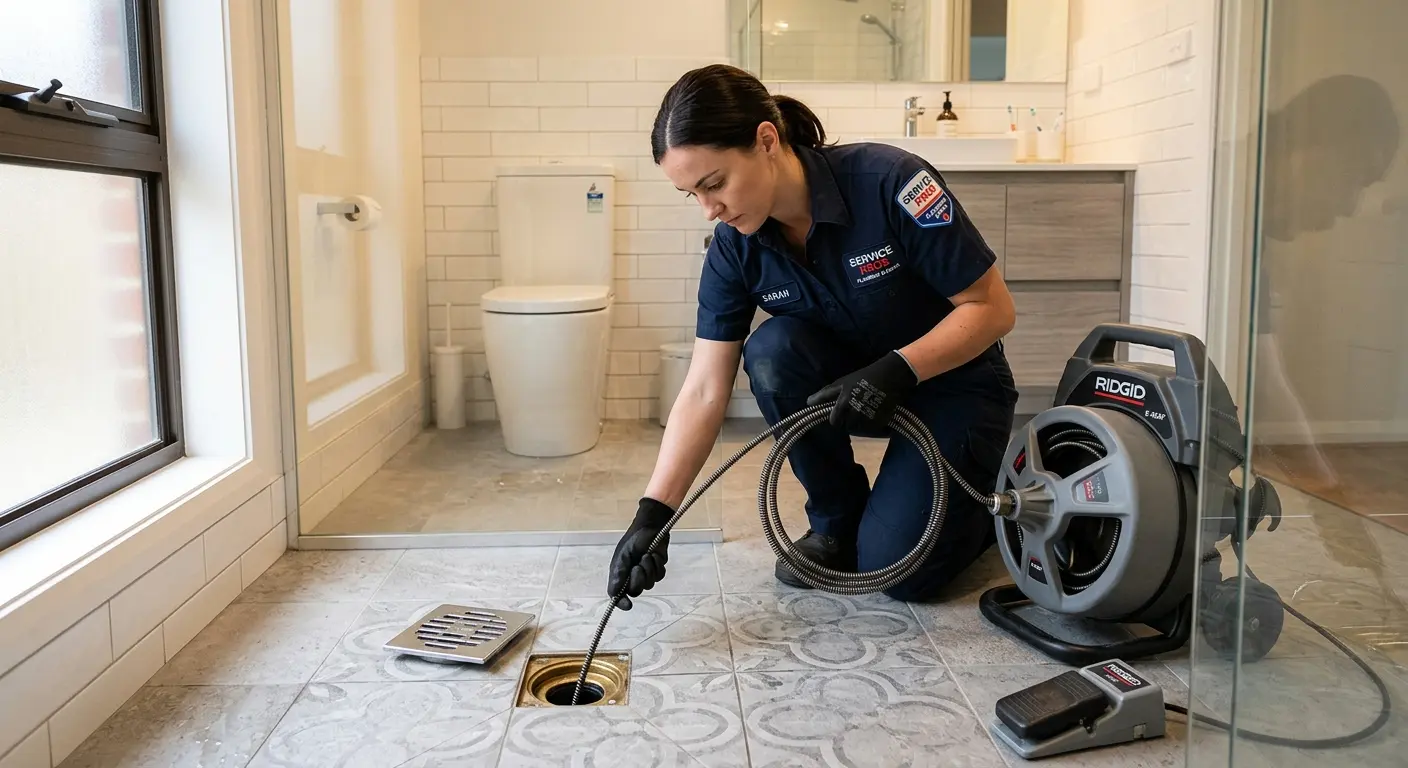 Technician clearing a bathroom floor drain for Clogged Drain Repair in Bellaire